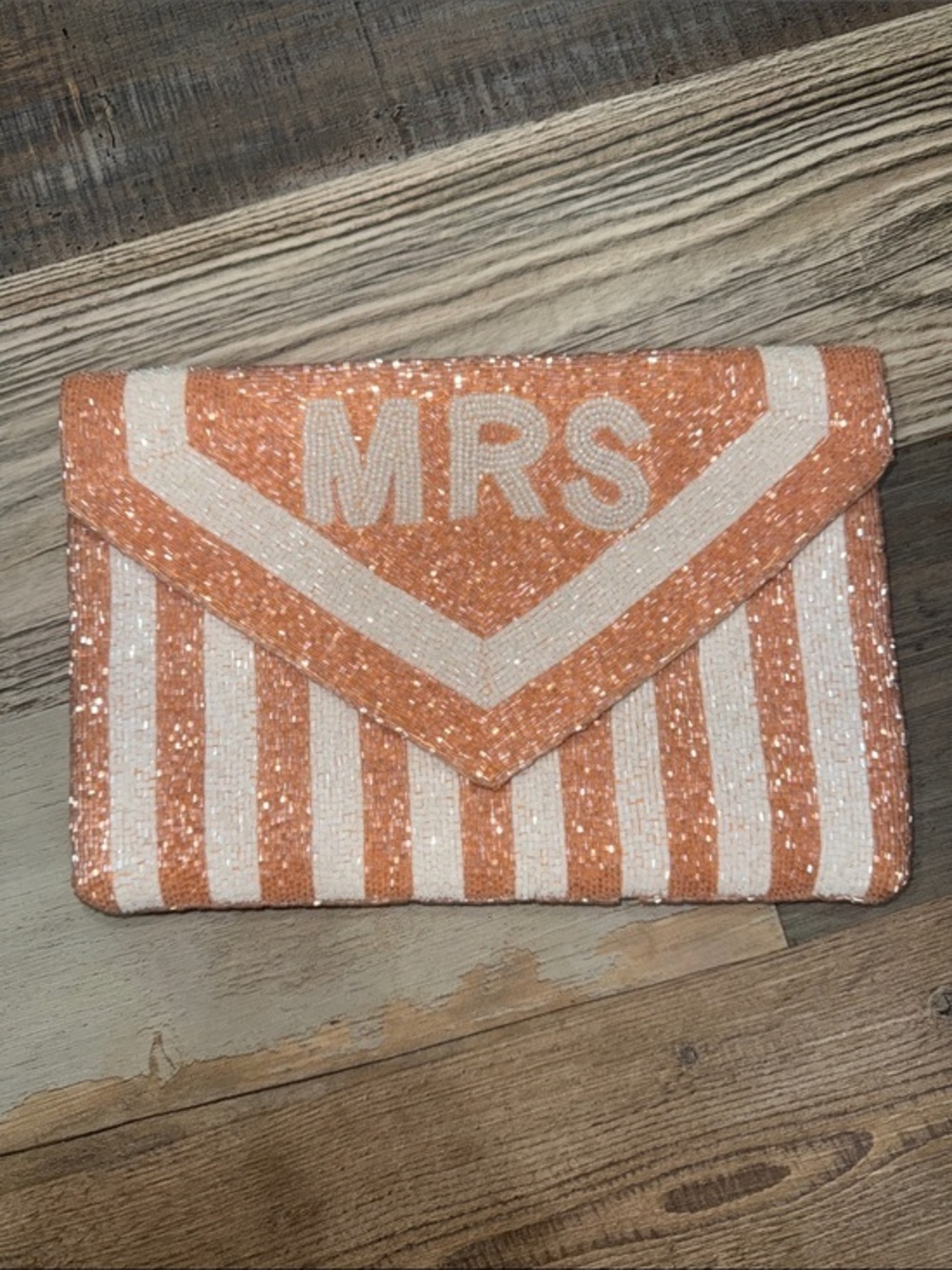 Beaded 'MRS' Stripe Envelope Clutch in Peach and Cream
